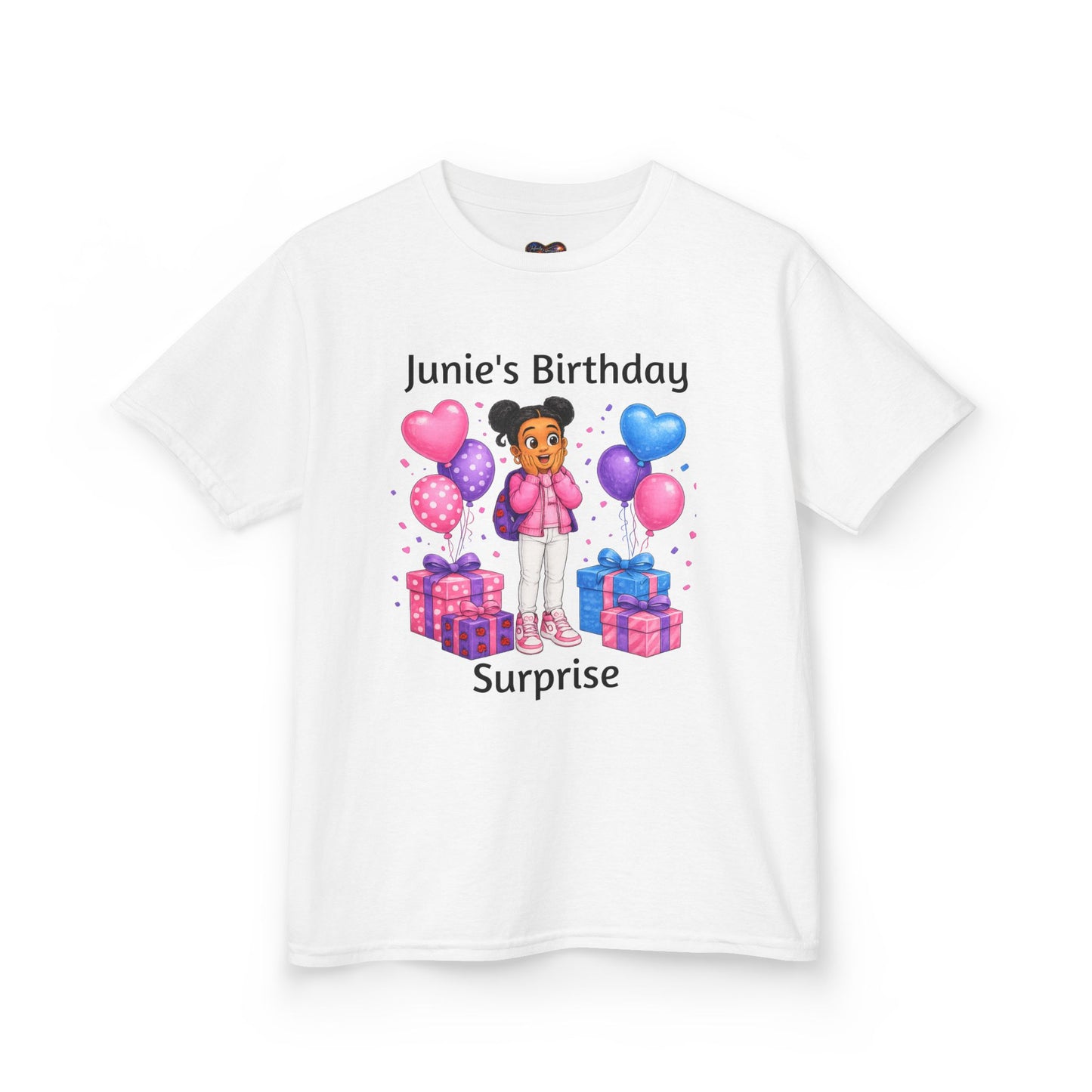 Big Kids Tee - "Junie's Birthday Surprise" Girl Birthday Shirt with Balloons & Gifts