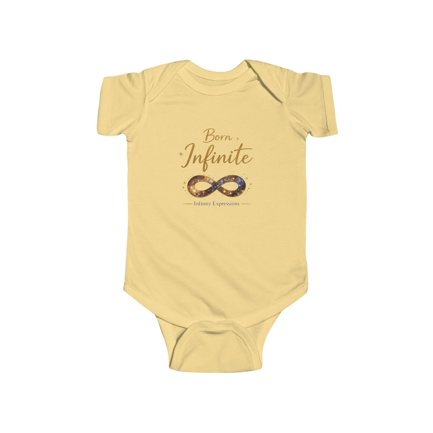 Infant Bodysuit “Born Infinite” Gold Infinity Graphic — Newborn Baby Shower Gift