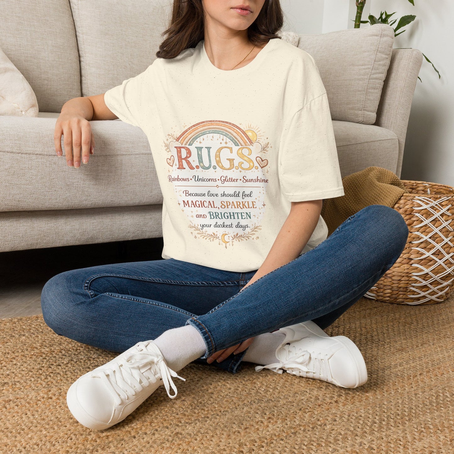 R.U.G.S. Rainbow Graphic T-Shirt — 'Rainbows Unicorns Glitter Sunshine' Inspirational Tee