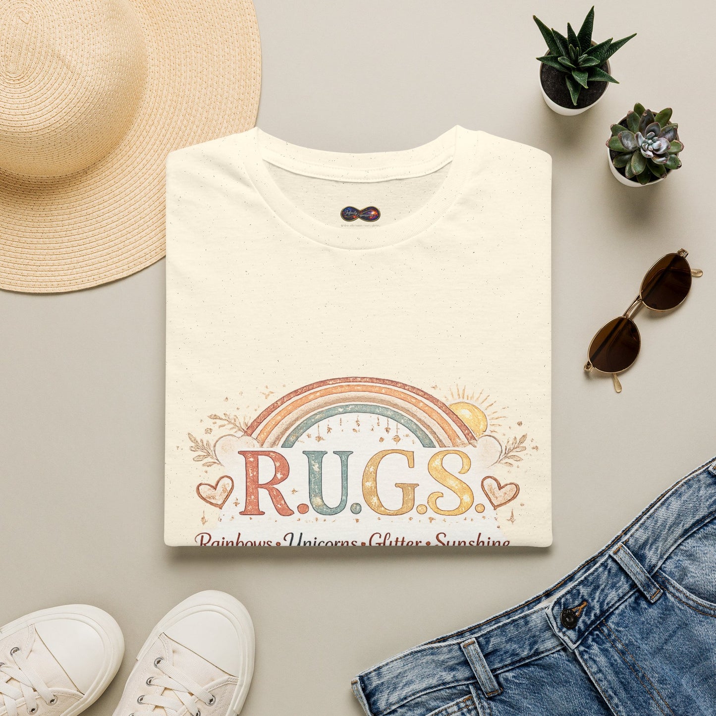 R.U.G.S. Rainbow Graphic T-Shirt — 'Rainbows Unicorns Glitter Sunshine' Inspirational Tee