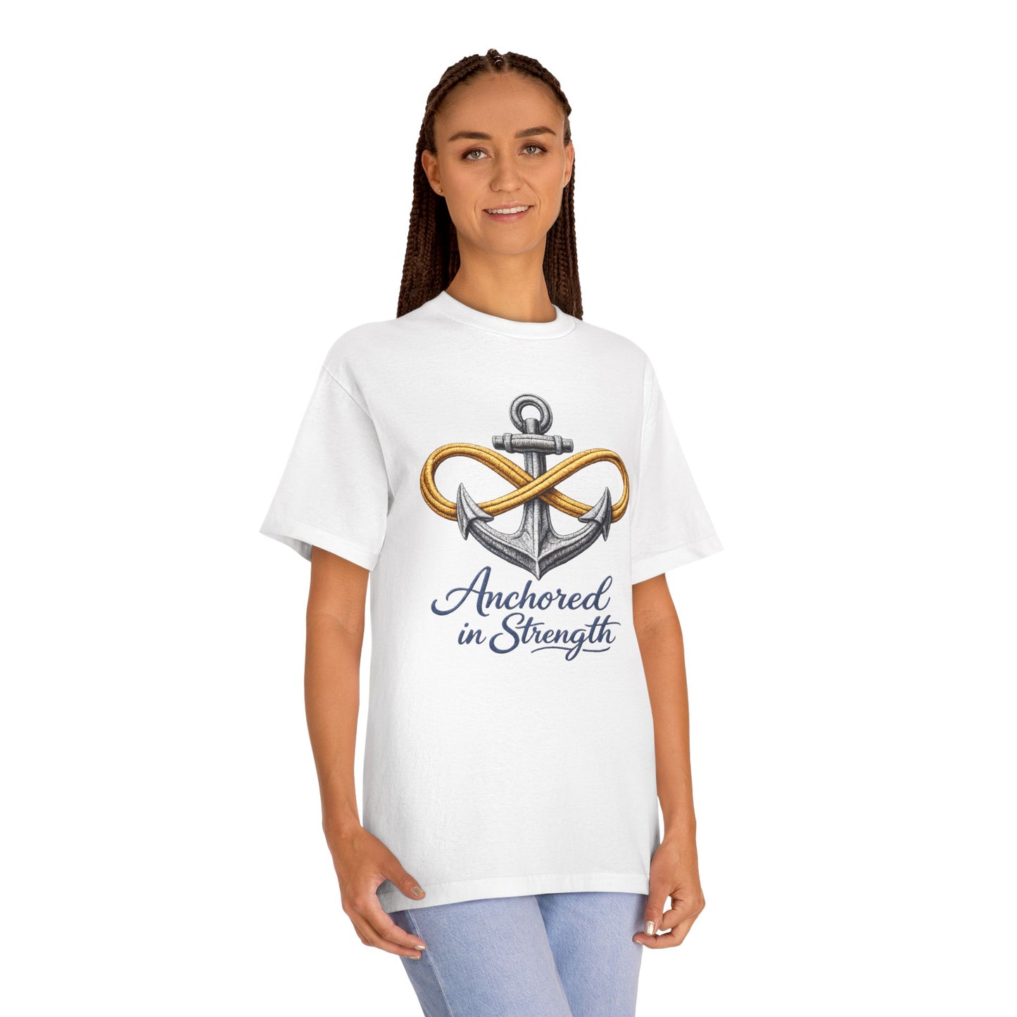 Anchored in Strength Tee — Anchor & Infinity Symbol Graphic Shirt