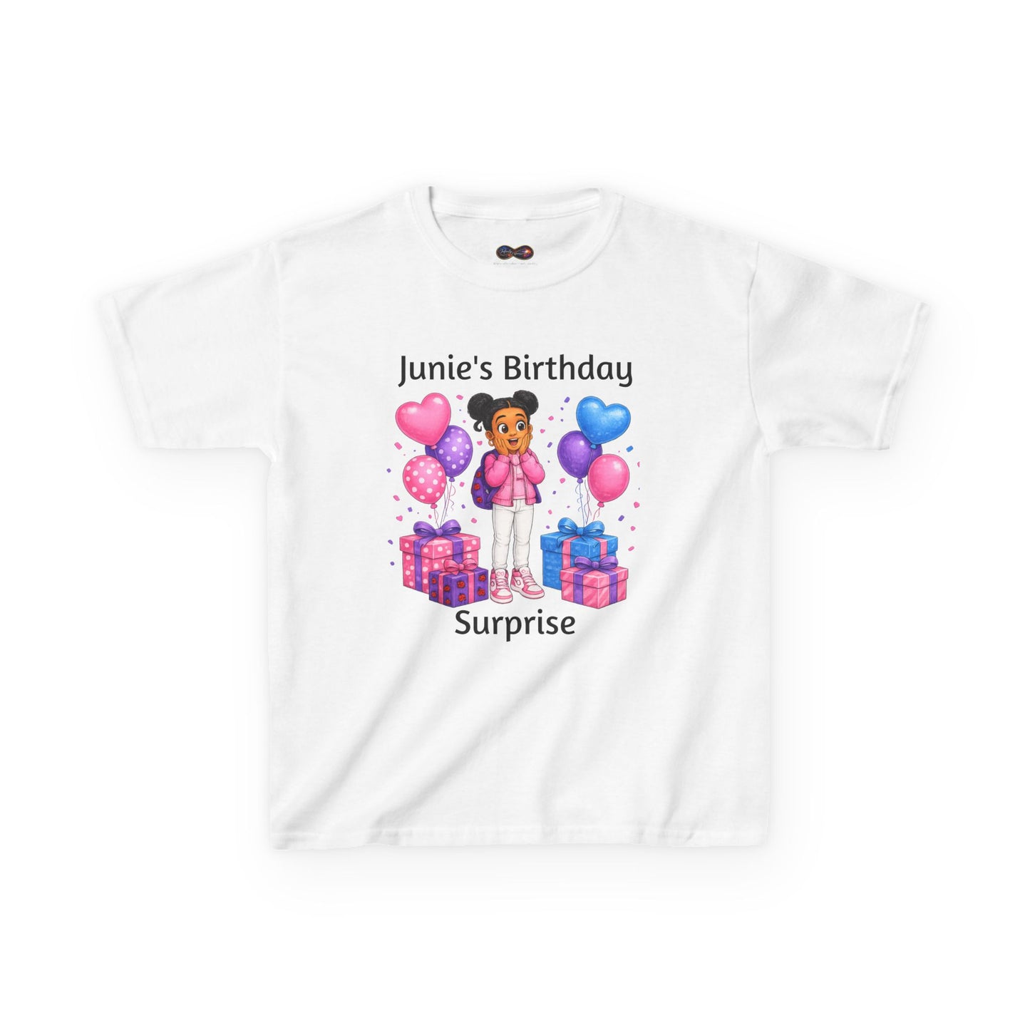Big Kids Tee - "Junie's Birthday Surprise" Girl Birthday Shirt with Balloons & Gifts