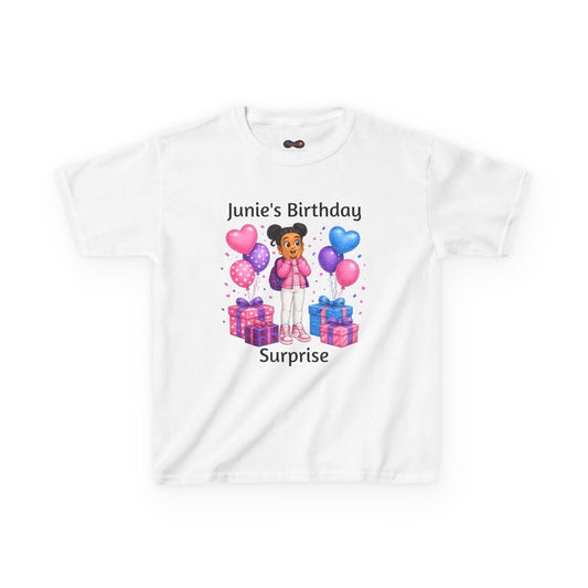 Big Kids Tee - "Junie's Birthday Surprise" Girl Birthday Shirt with Balloons & Gifts