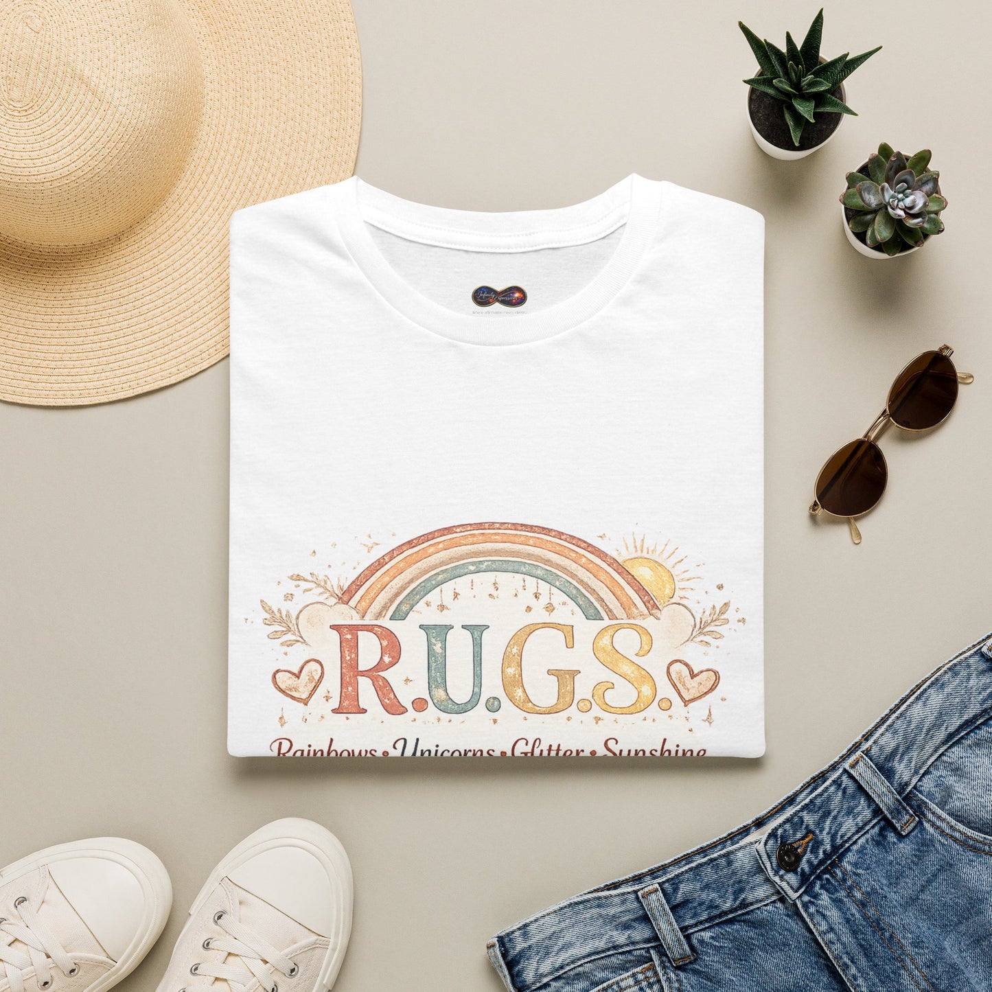 R.U.G.S. Rainbow Graphic T-Shirt — 'Rainbows Unicorns Glitter Sunshine' Inspirational Tee